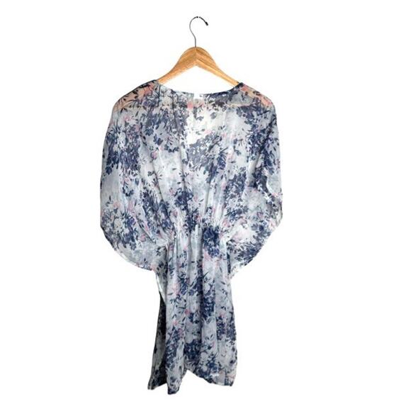 Floral Cover Up One Size Sheer White Blue Purple Knee Length V Neck Lightweight - Picture 3 of 7